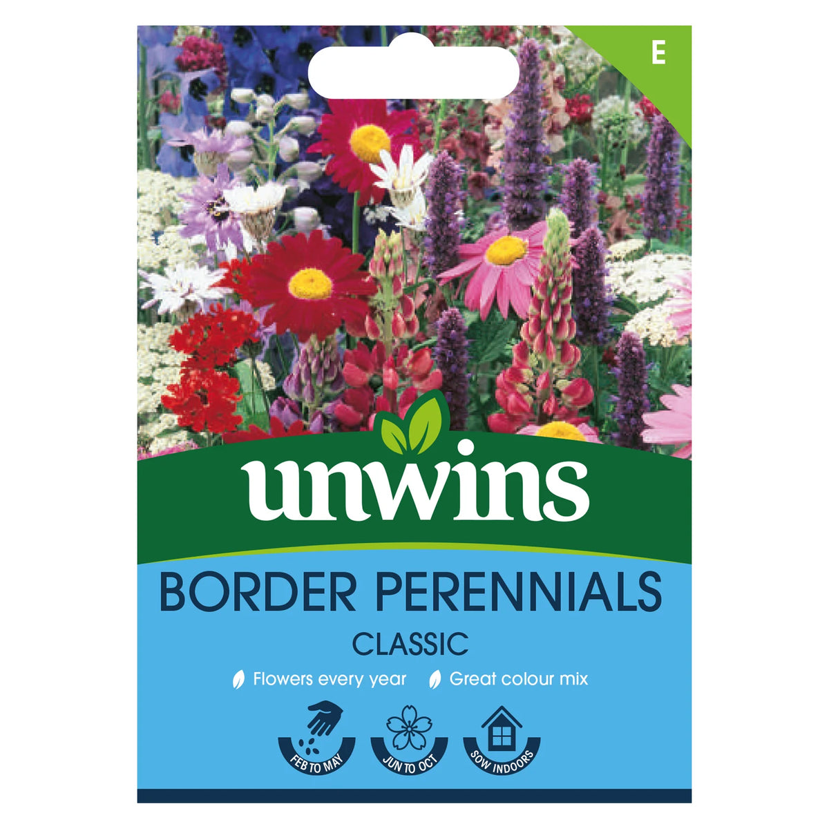 Seed packet for Unwins Cottage Garden Border Perennials Mix with colorful flower illustrations and planting icons.