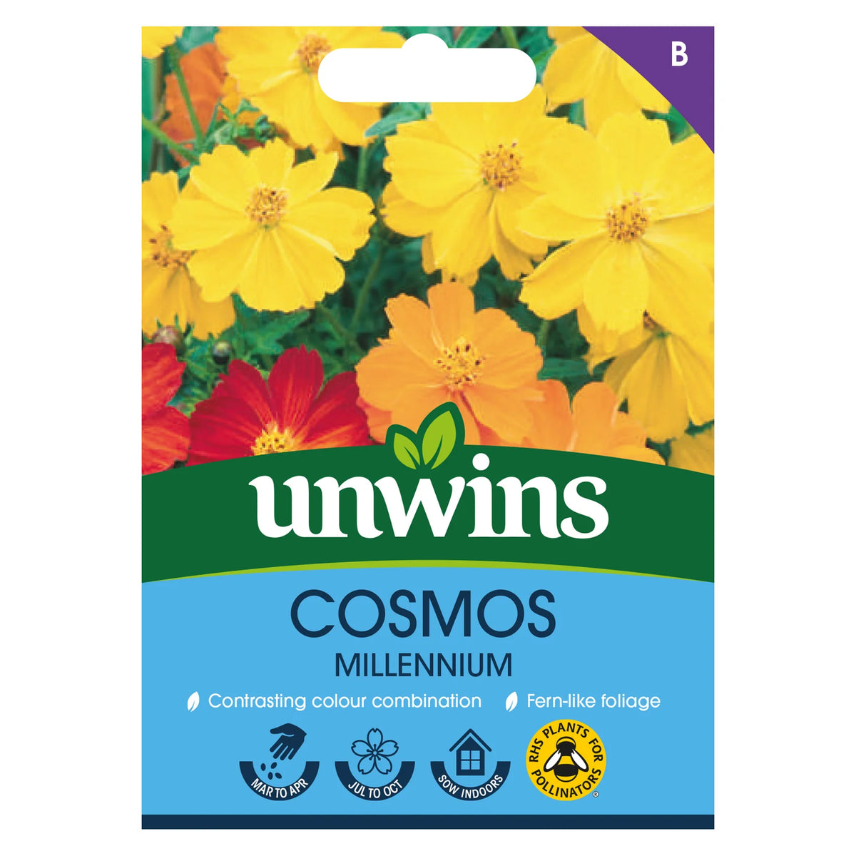 Unwins Cosmos Millennium seed packet with yellow, orange, and red cosmos flowers on front