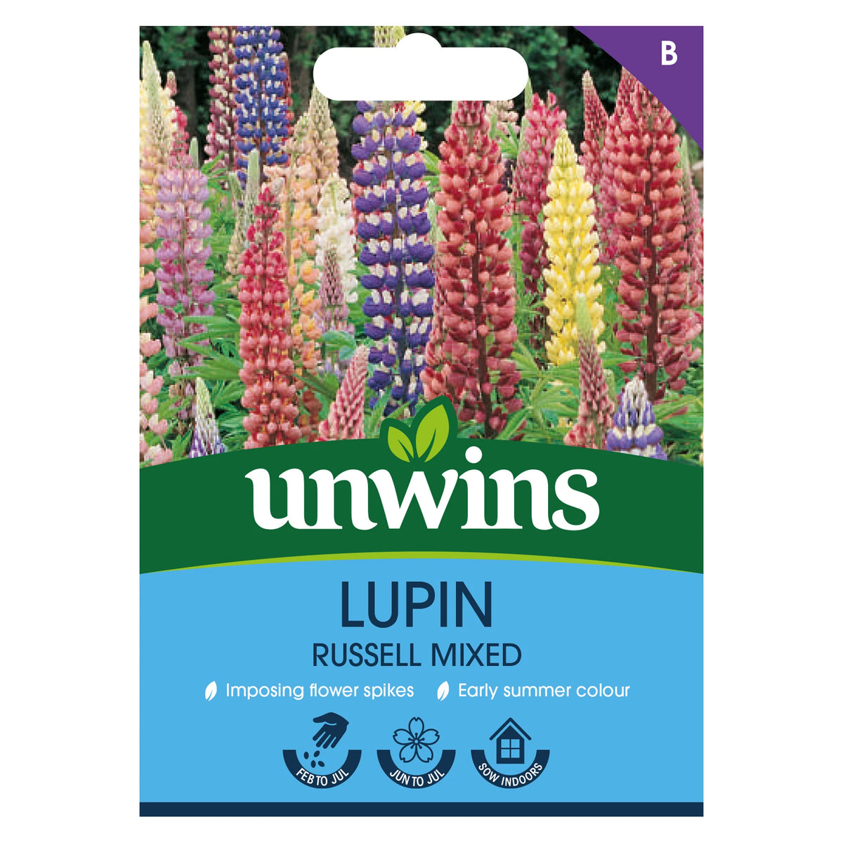 Unwins Lupin Russell Mixed seed packet showing colorful lupin flower spikes and sowing information.