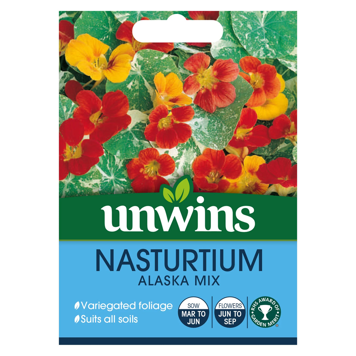 Unwins Nasturtium Alaska Mix seed packet with orange and yellow flowers and variegated green foliage.