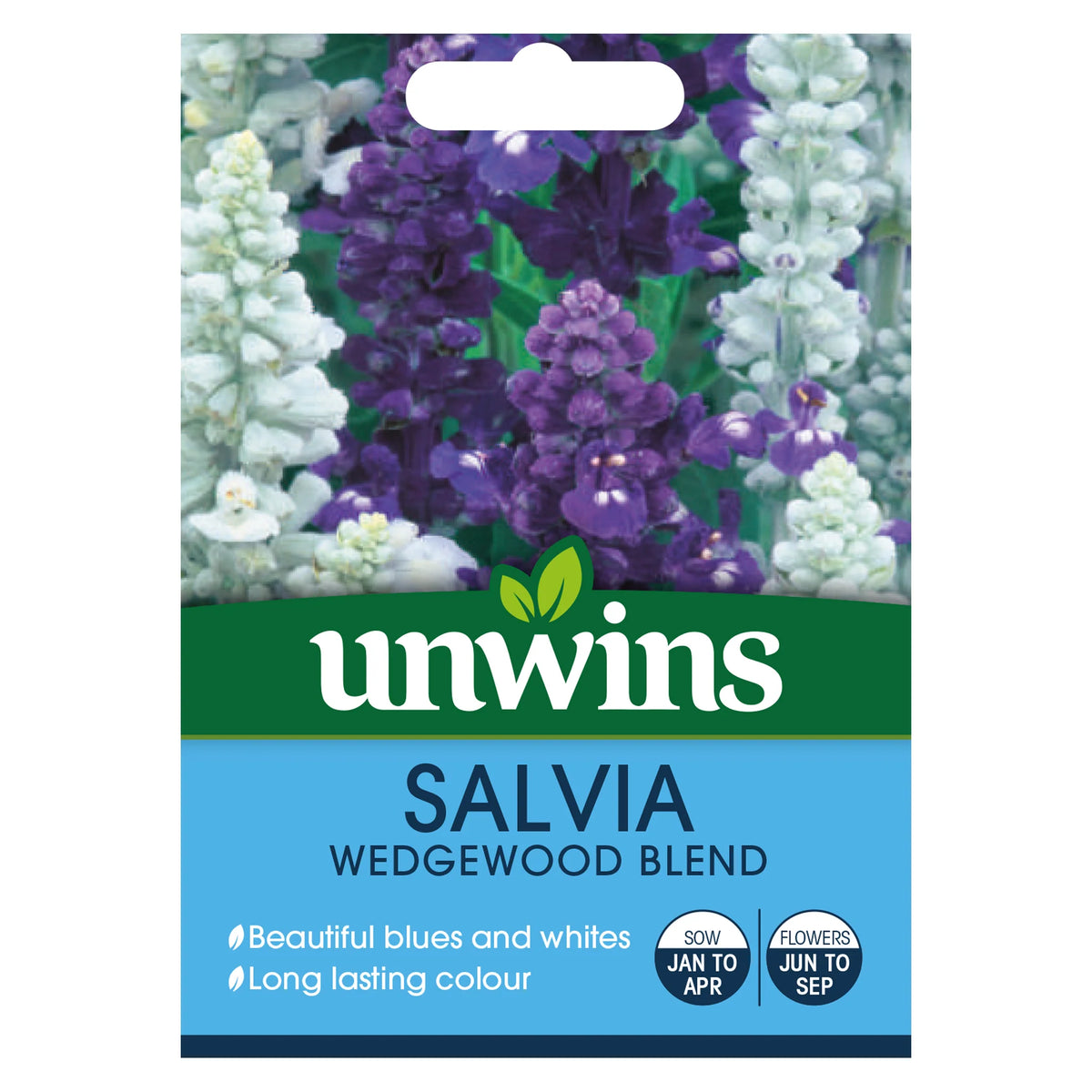 Unwins Salvia Wedgewood Blend seed packet showing blue and white flower spikes and sowing details.