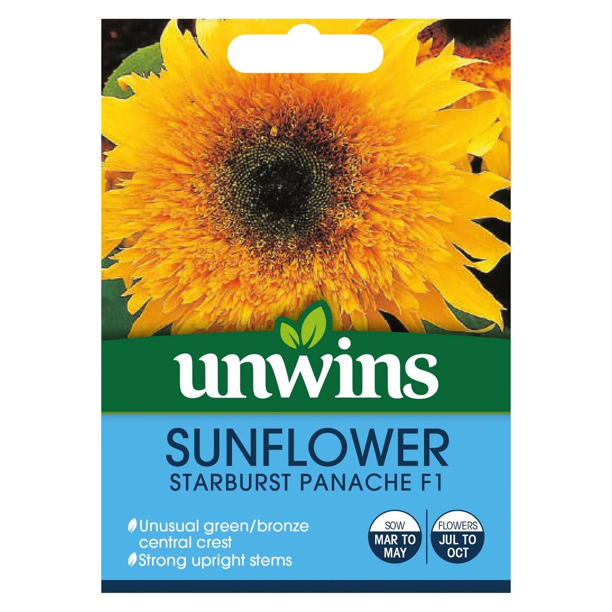 Close-up of Unwins Sunflower Starburst Panache F1 seed packet showing bright yellow flower with green/bronze center and