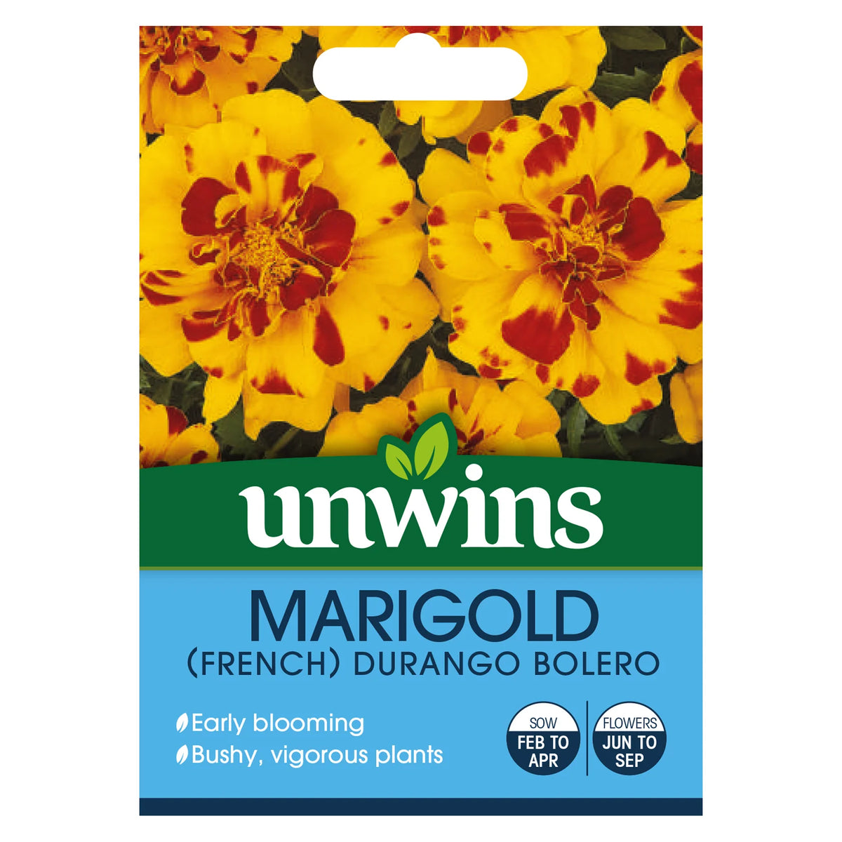 Unwins Marigold French Durango Bolero seed packet with yellow and red-tipped marigold flowers on front