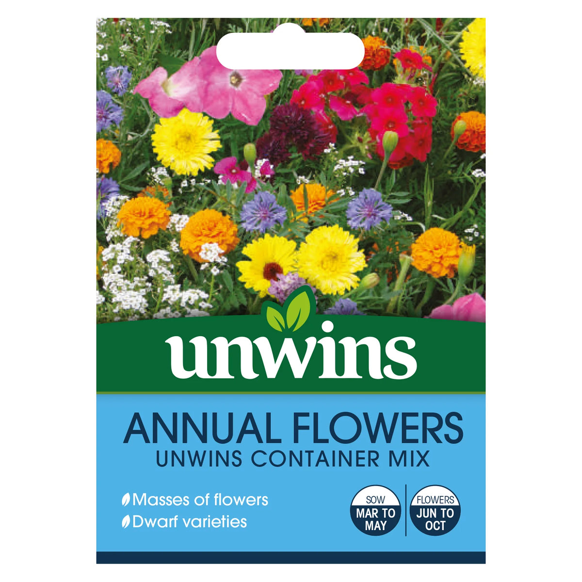 Unwins Annual Flowers Container Mix seed packet with colorful flower images and sowing details.