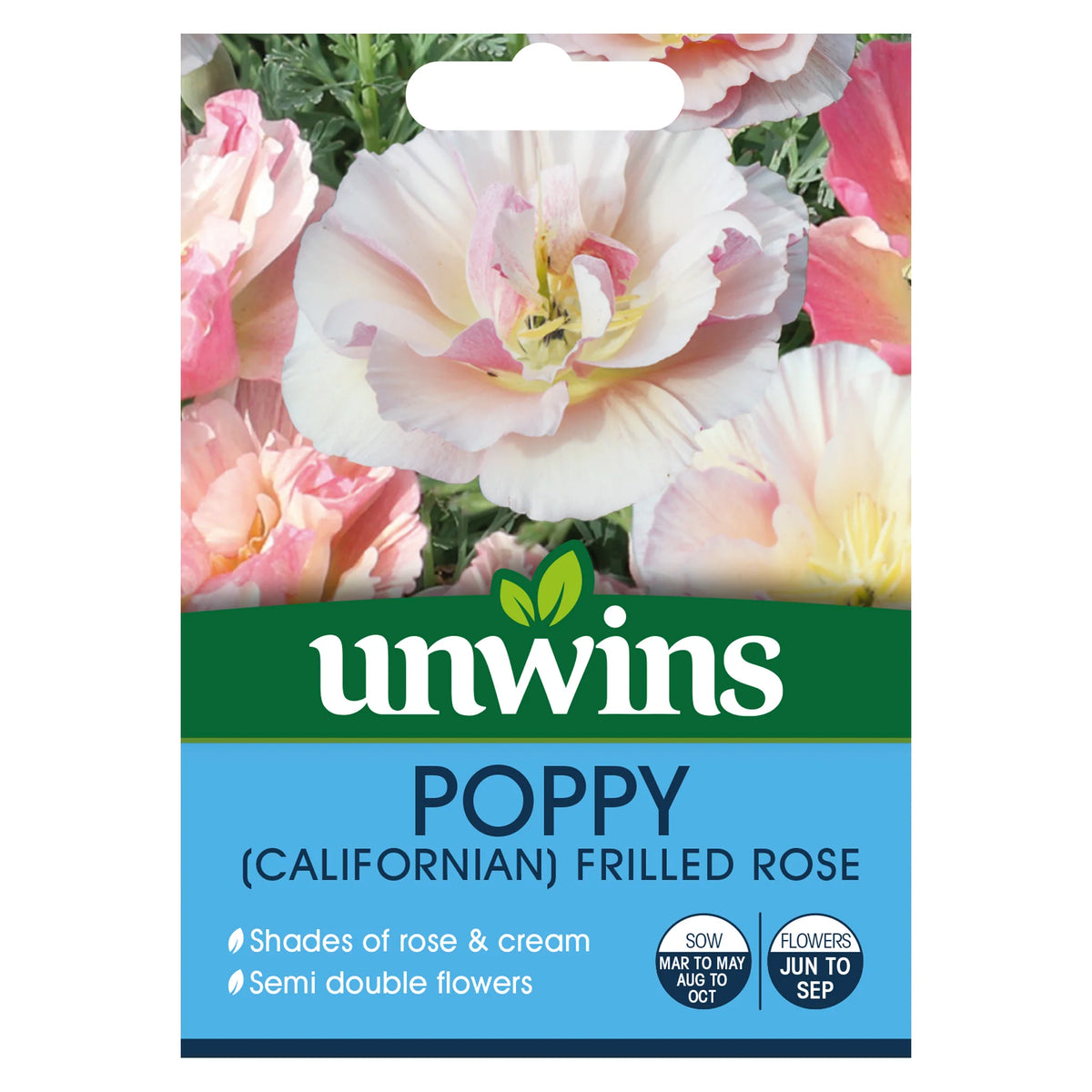 Unwins seed packet showing pink and cream frilled Californian poppy flowers with green foliage background.