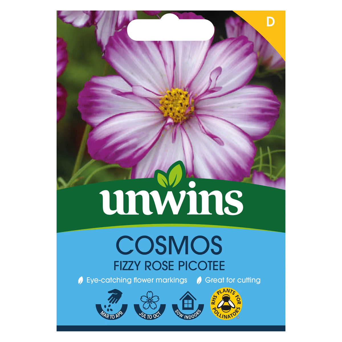Close-up of Unwins Cosmos Fizzy Rose Picotee flower with white petals edged in pink and a yellow center on seed packet.