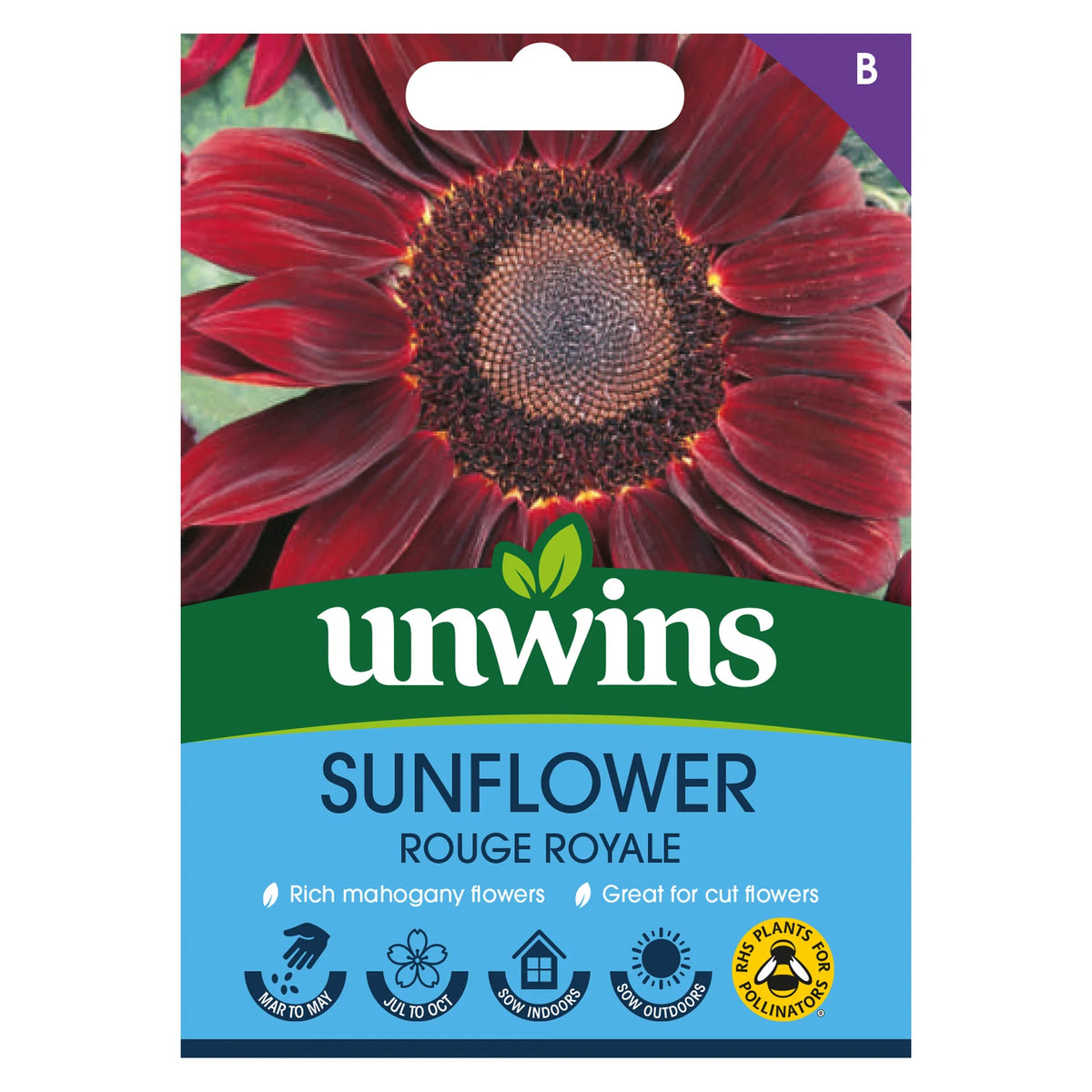 Unwins Sunflower Rouge Royale seed packet showing close-up of dark red sunflower bloom and planting icons.