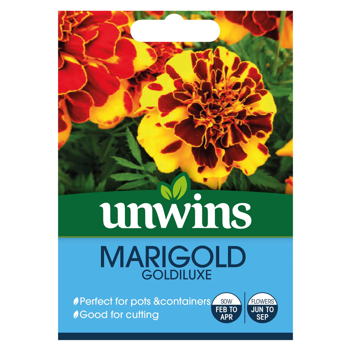 Close-up of Unwins Marigold Goldiluxe seed packet showing vibrant orange and yellow marigold flowers.
