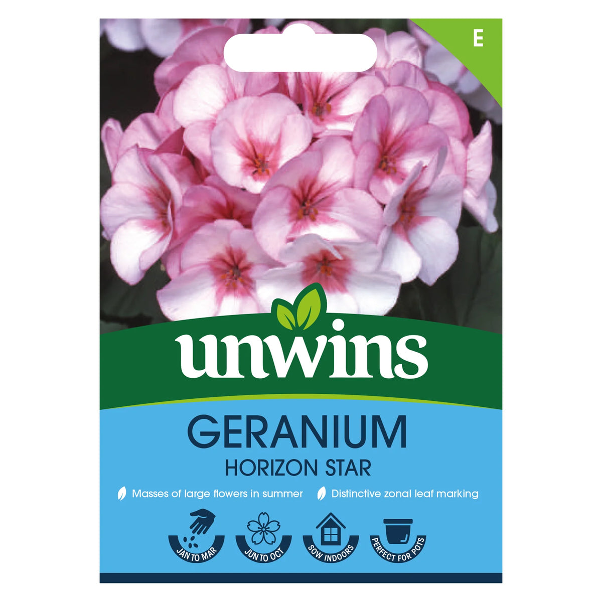 Unwins Geranium Horizon Star seed packet with pink two-toned geranium flowers on front.
