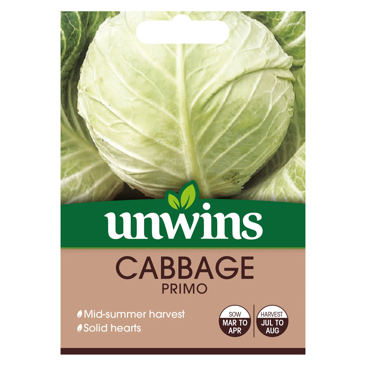 Unwins Cabbage Primo seed packet showing a round green cabbage and sowing and harvest details.