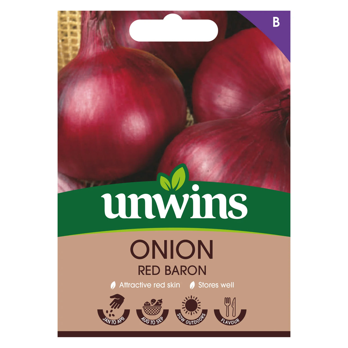 Close-up of Unwins Onion Red Baron seed packet showing deep red onions and planting icons.