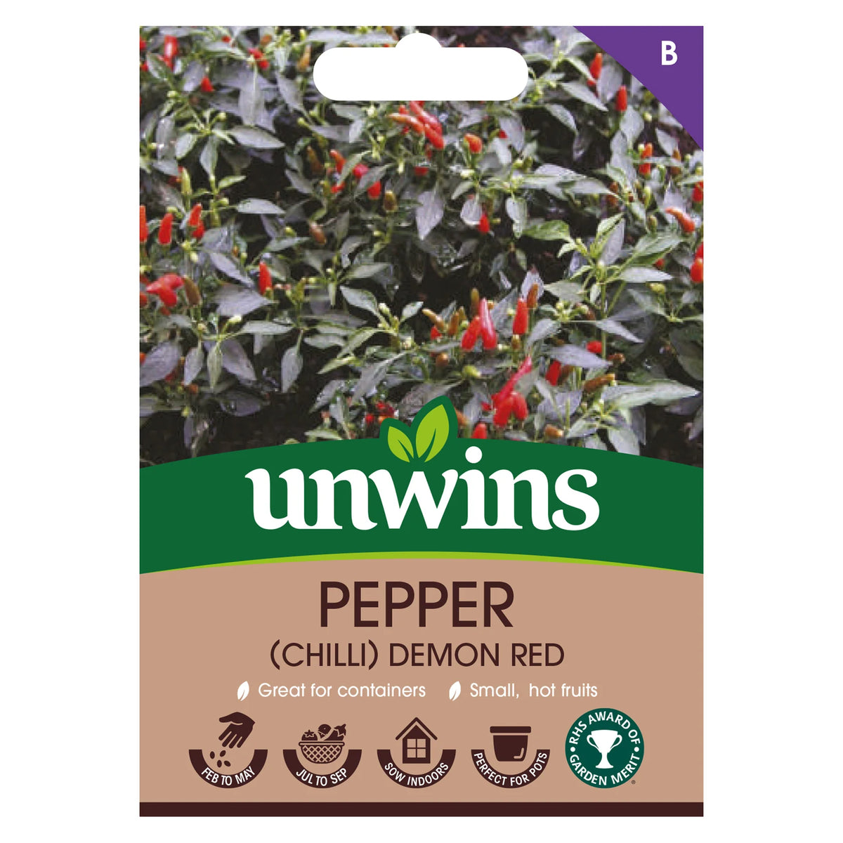 Seed packet for Unwins Pepper (Chilli) Demon Red with image of small red chillies on green plant.
