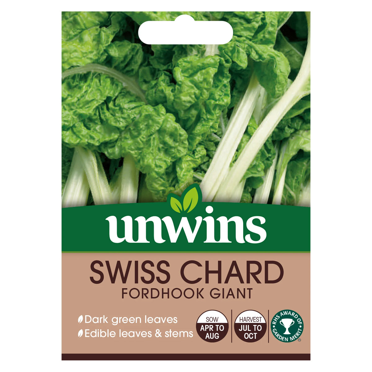 Unwins Swiss Chard Fordhook Giant seed packet showing dark green leaves and white stems with sow and harvest info.