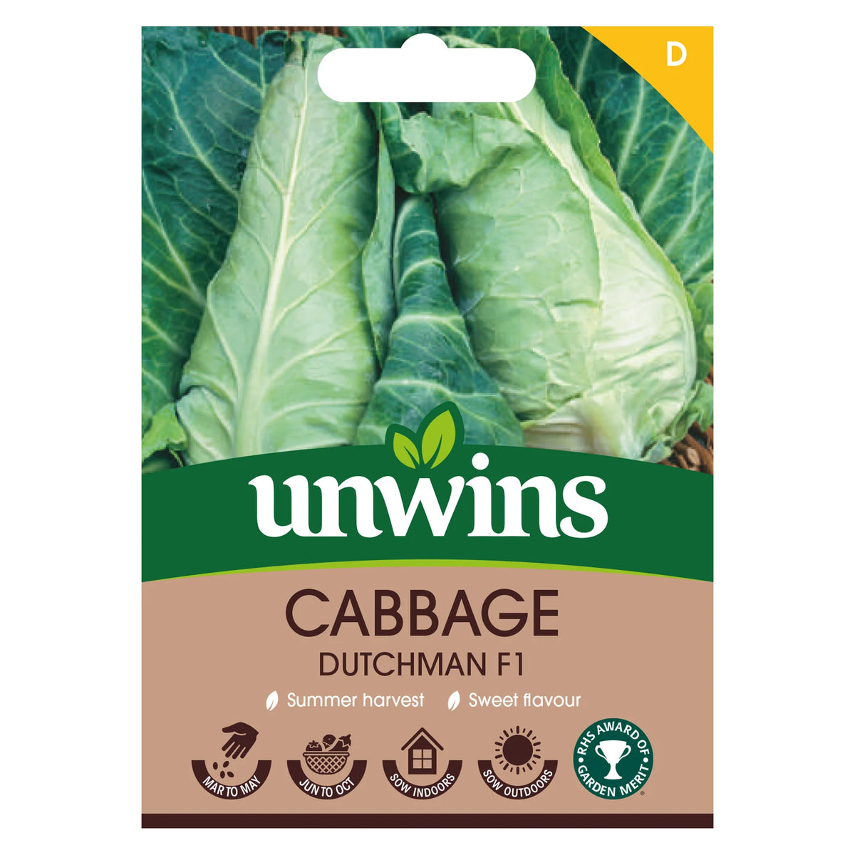 Unwins seed packet showing pointed green Dutchman F1 cabbage heads and growing icons on beige background.