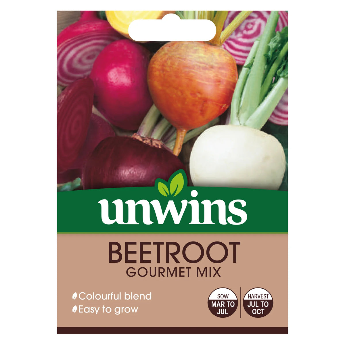 Packet of Unwins Beetroot Gourmet Mix seeds showing colorful beetroot varieties and sowing information.