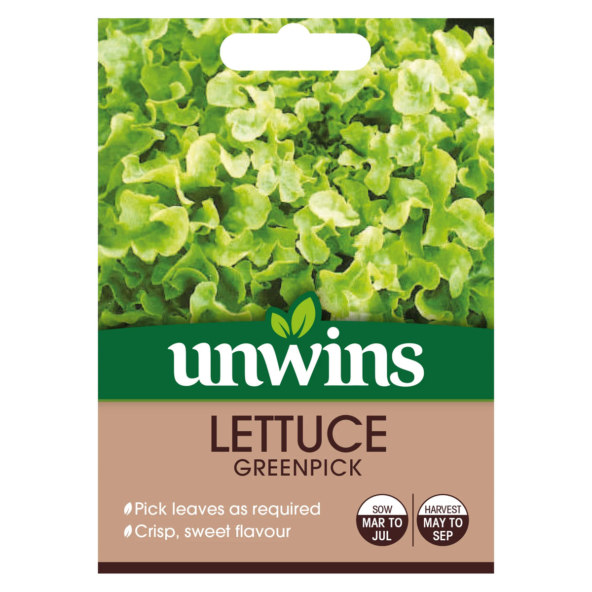 Unwins Lettuce Greenpick seed packet showing bright green loose leaf lettuce and sowing details.