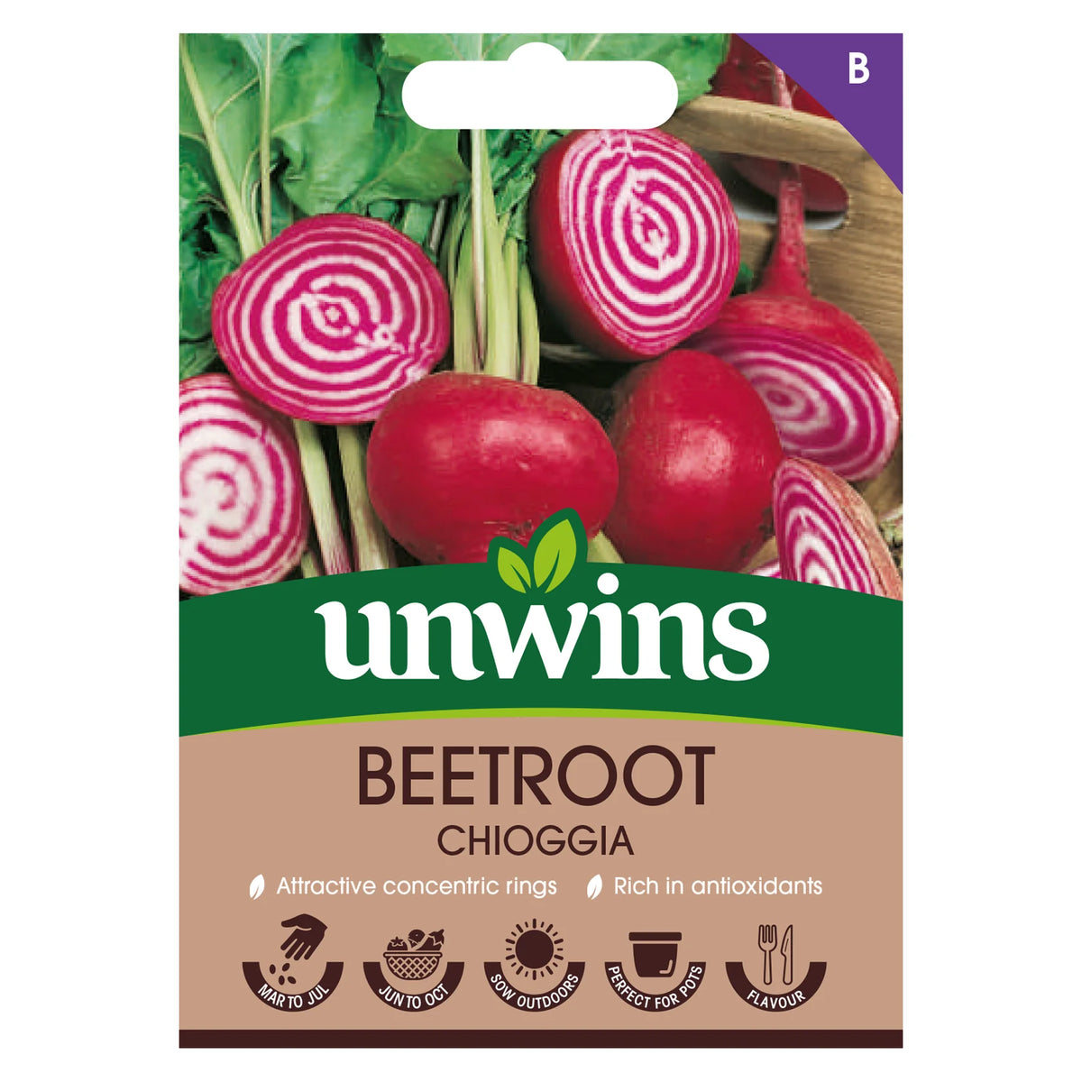 Unwins Beetroot Chioggia seed packet showing whole and sliced beetroots with red and white concentric rings.
