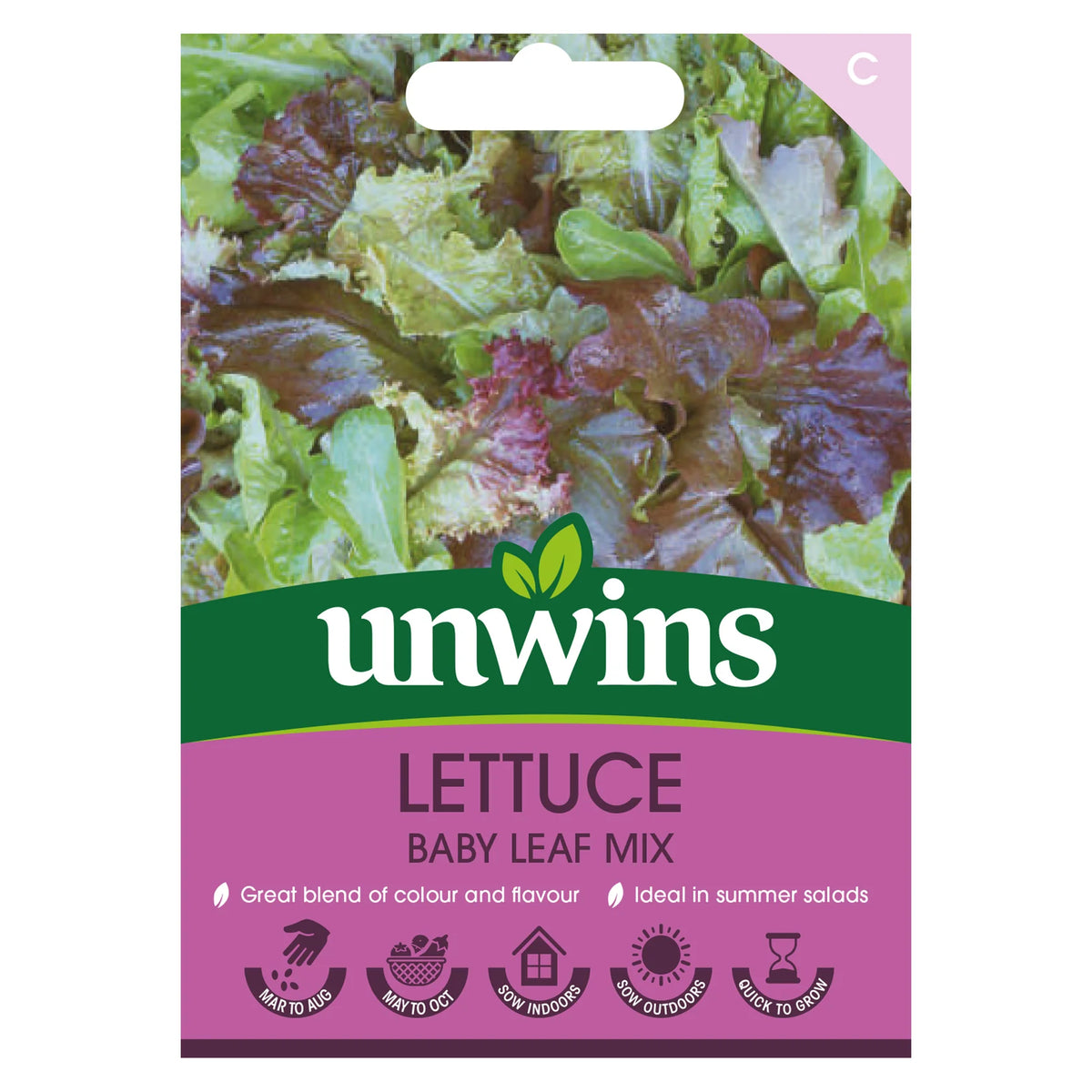 Unwins Lettuce Baby Leaf Mix seed packet with colorful lettuce leaves and growing icons on purple background