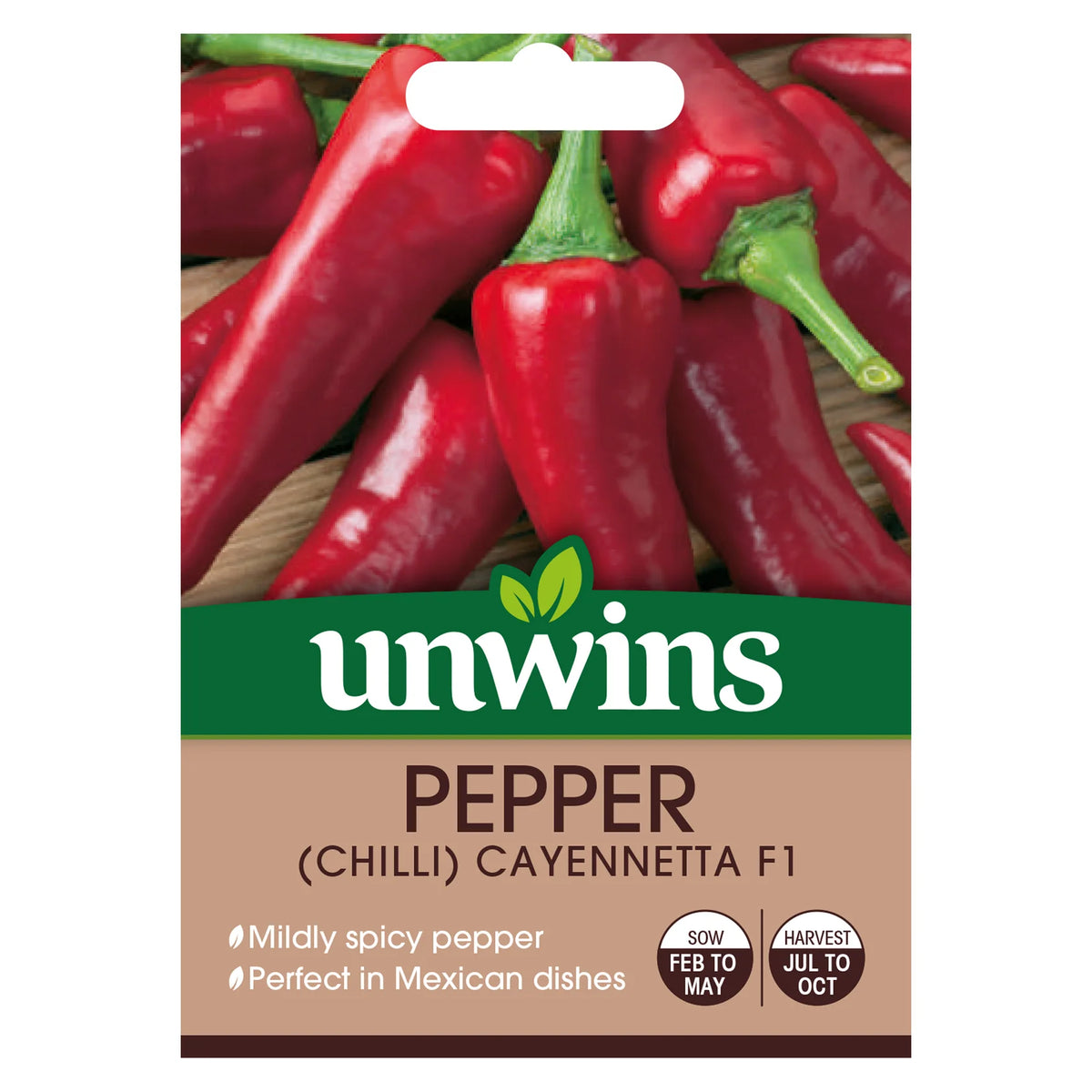 Close-up of red Cayennetta F1 chilli peppers with green stems on Unwins seed packet.