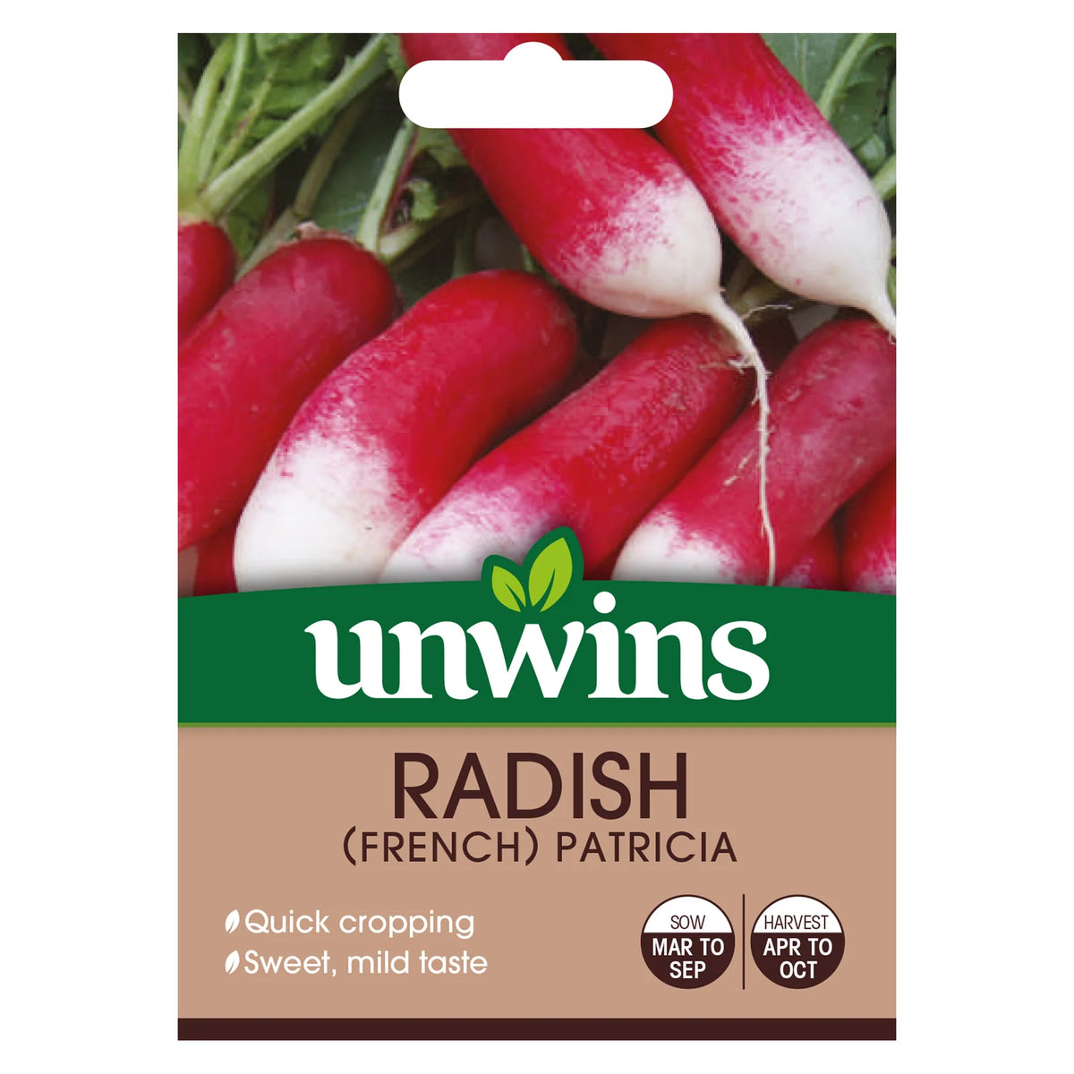 Unwins Radish French Patricia seed packet showing red radishes with white tips and growing info.