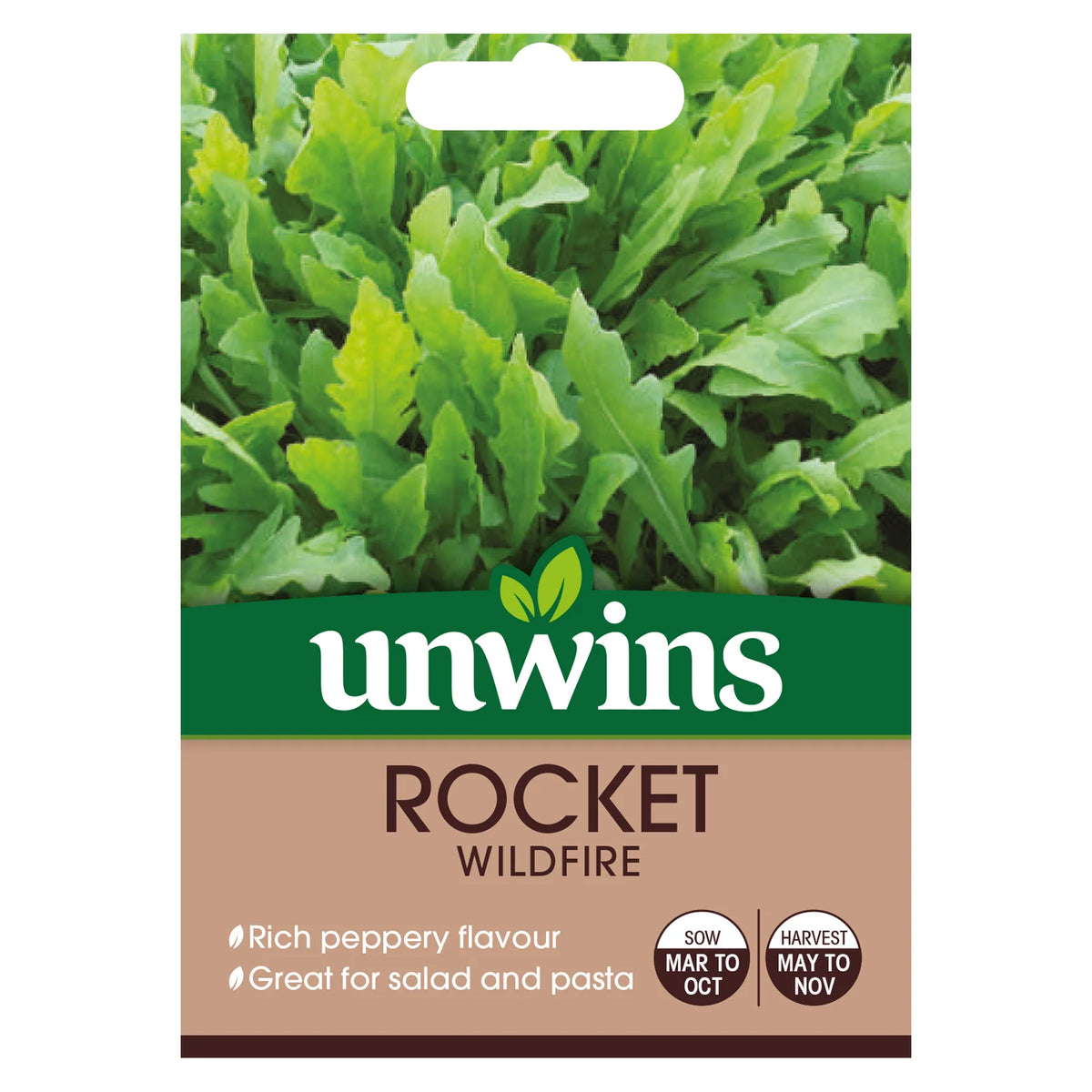 Unwins Rocket Wildfire seed packet showing green rocket leaves and sowing details on beige background
