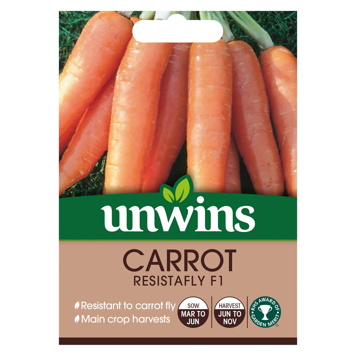 Close-up of Unwins Carrot Resistafly F1 seed packet showing fresh orange carrots and sowing details.