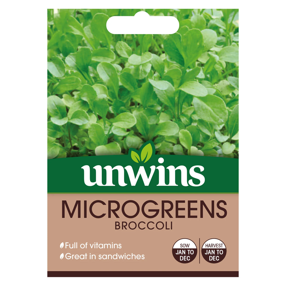Unwins MicroGreens Broccoli seed packet showing fresh green microgreens and sowing details.