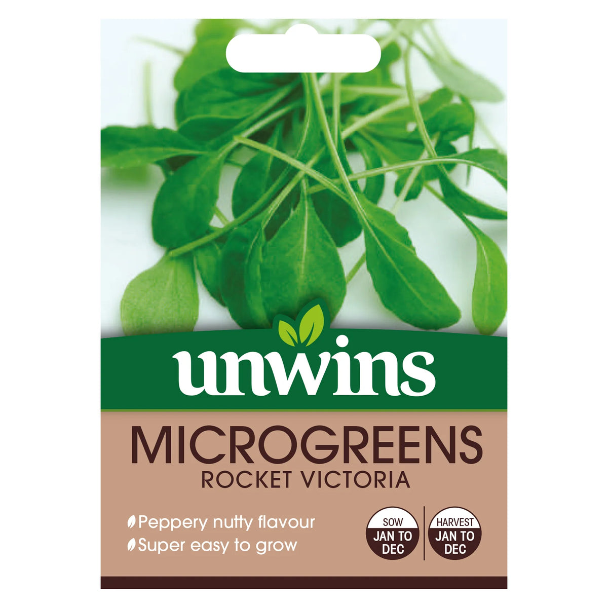 Unwins MicroGreens Rocket Victoria seed packet showing green rocket leaves and product details on beige background.