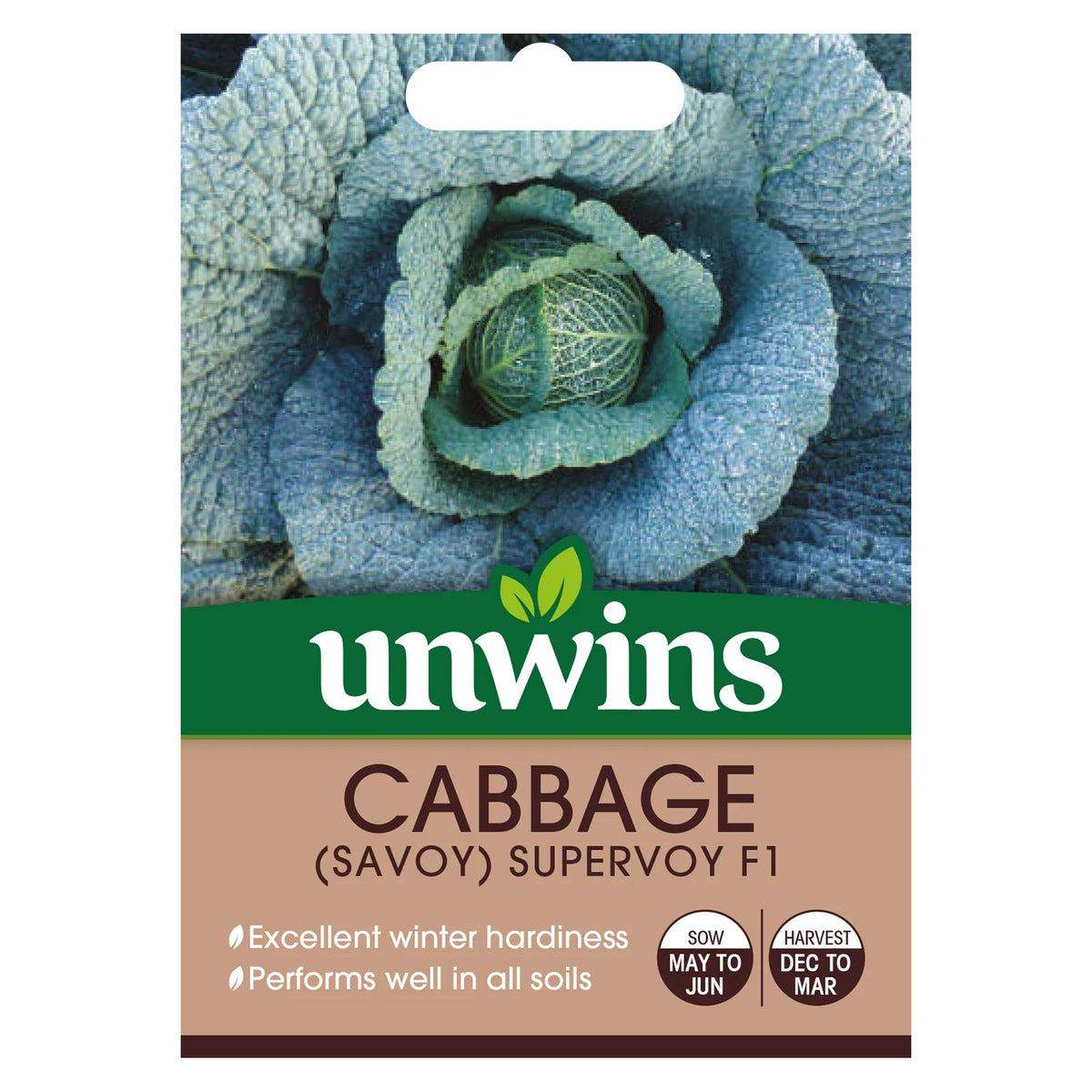 Unwins Savoy Cabbage Supervoy F1 seed packet showing a close-up of a dark green, crinkled Savoy cabbage head.
