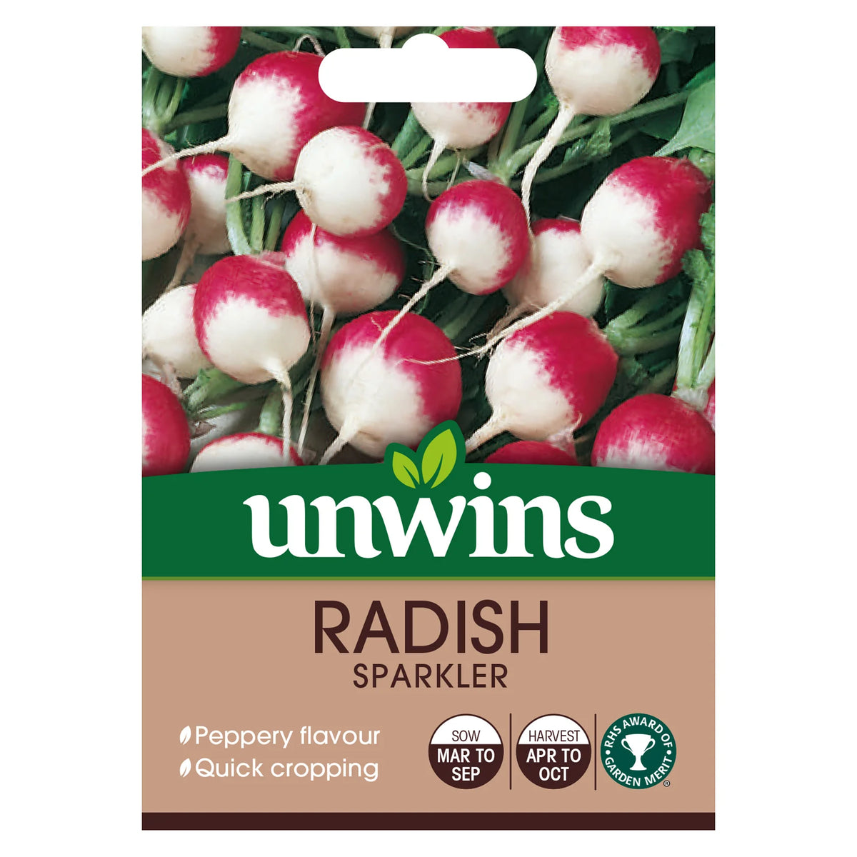 Close-up of Unwins Radish Sparkler seed packet showing red and white globe radishes and growing details.