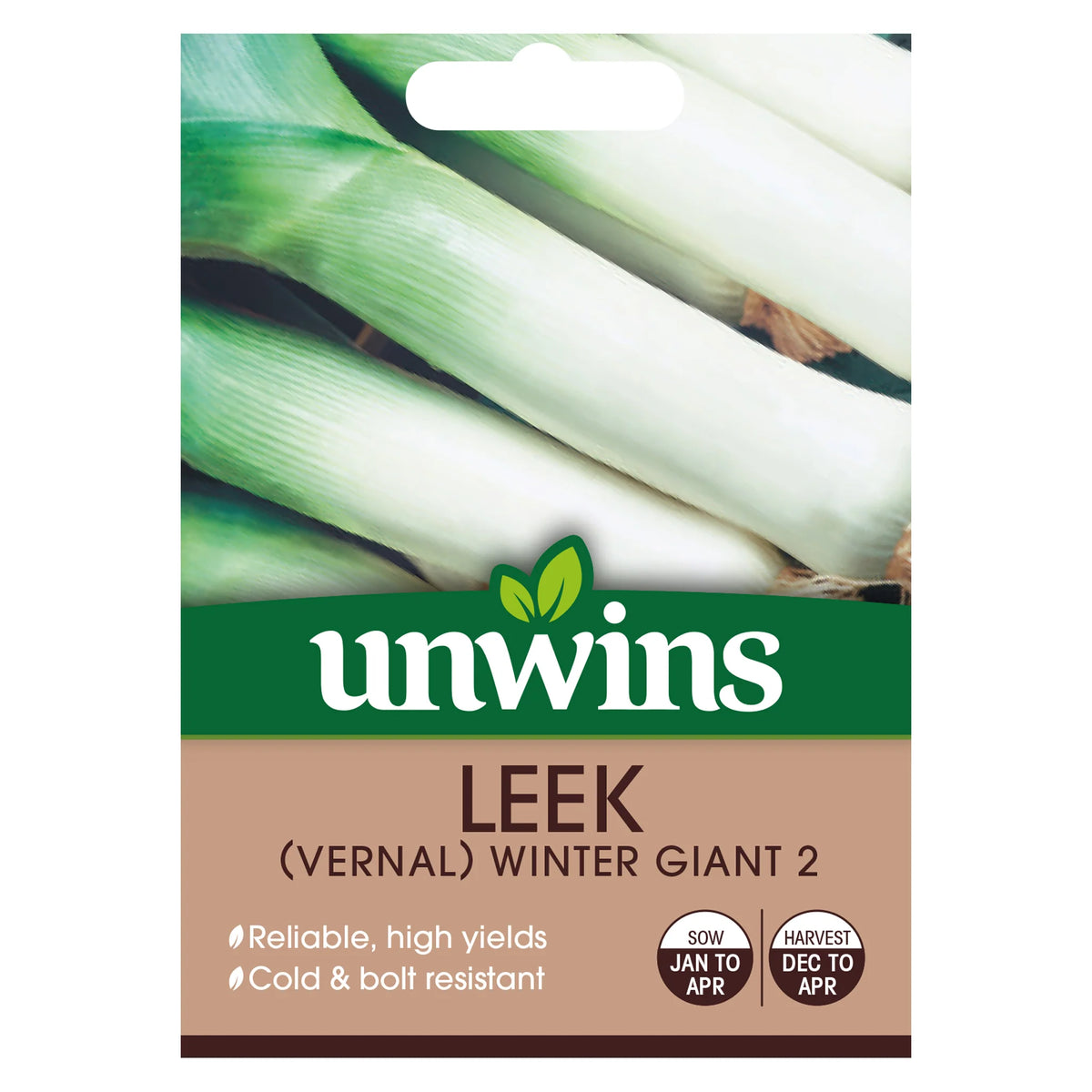Close-up of Unwins Vernal Leek Winter Giant 2 seed packet showing green and white leeks and planting details.