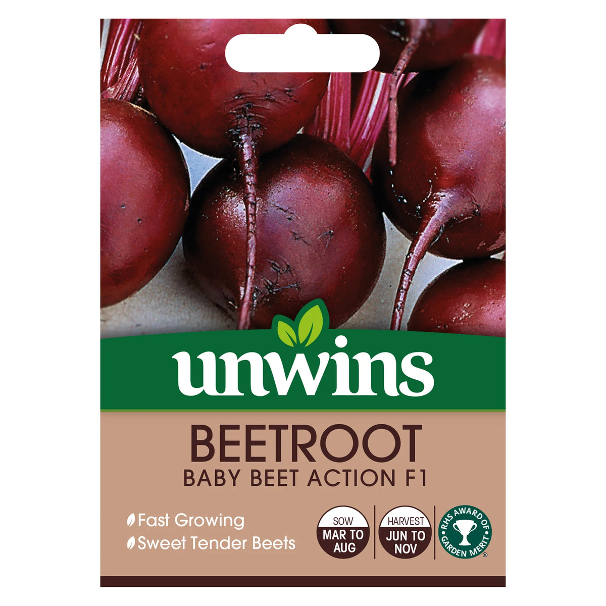 Close-up of round red baby beets on Unwins Beetroot Baby Beet Action F1 seed packet.
