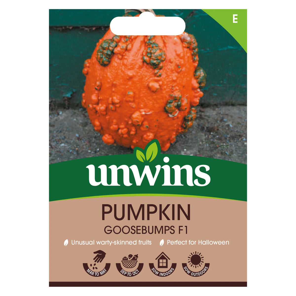 Unwins seed packet showing a warty orange Pumpkin Goosebumps F1 on a dark background.