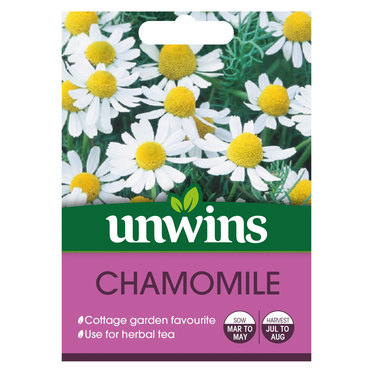 Unwins Chamomile seed packet with white and yellow chamomile flowers and planting information.