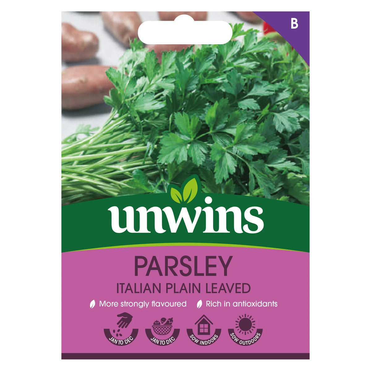 Unwins seed packet showing fresh Italian plain leaved parsley with green leaves and stems on a purple background.
