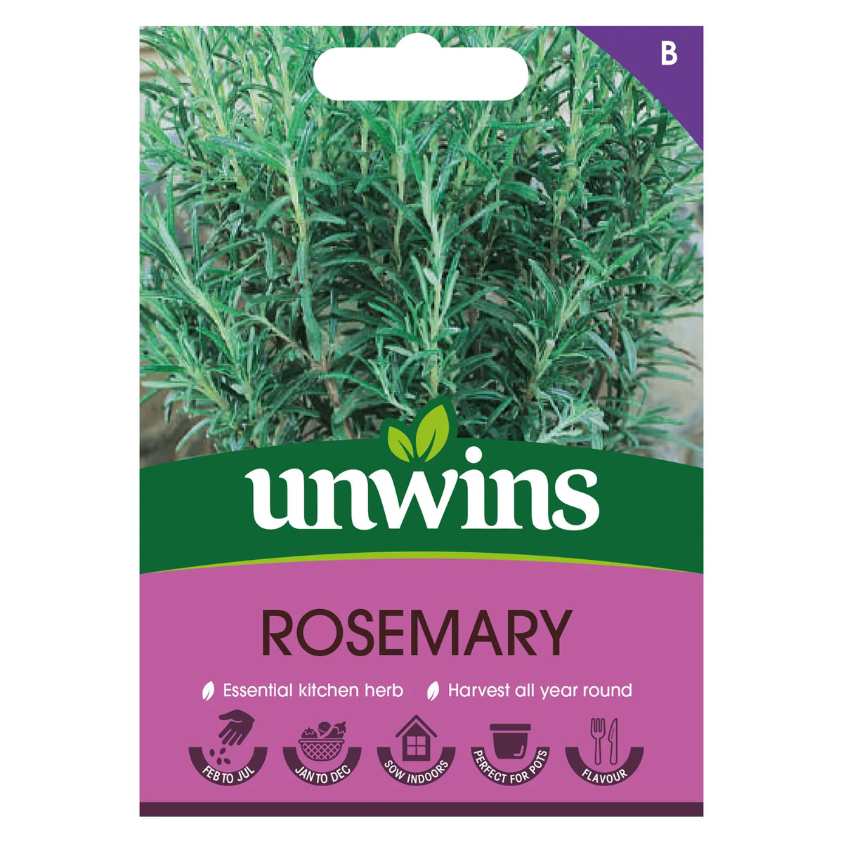 Unwins Rosemary seed packet showing green rosemary herb and planting icons on purple background