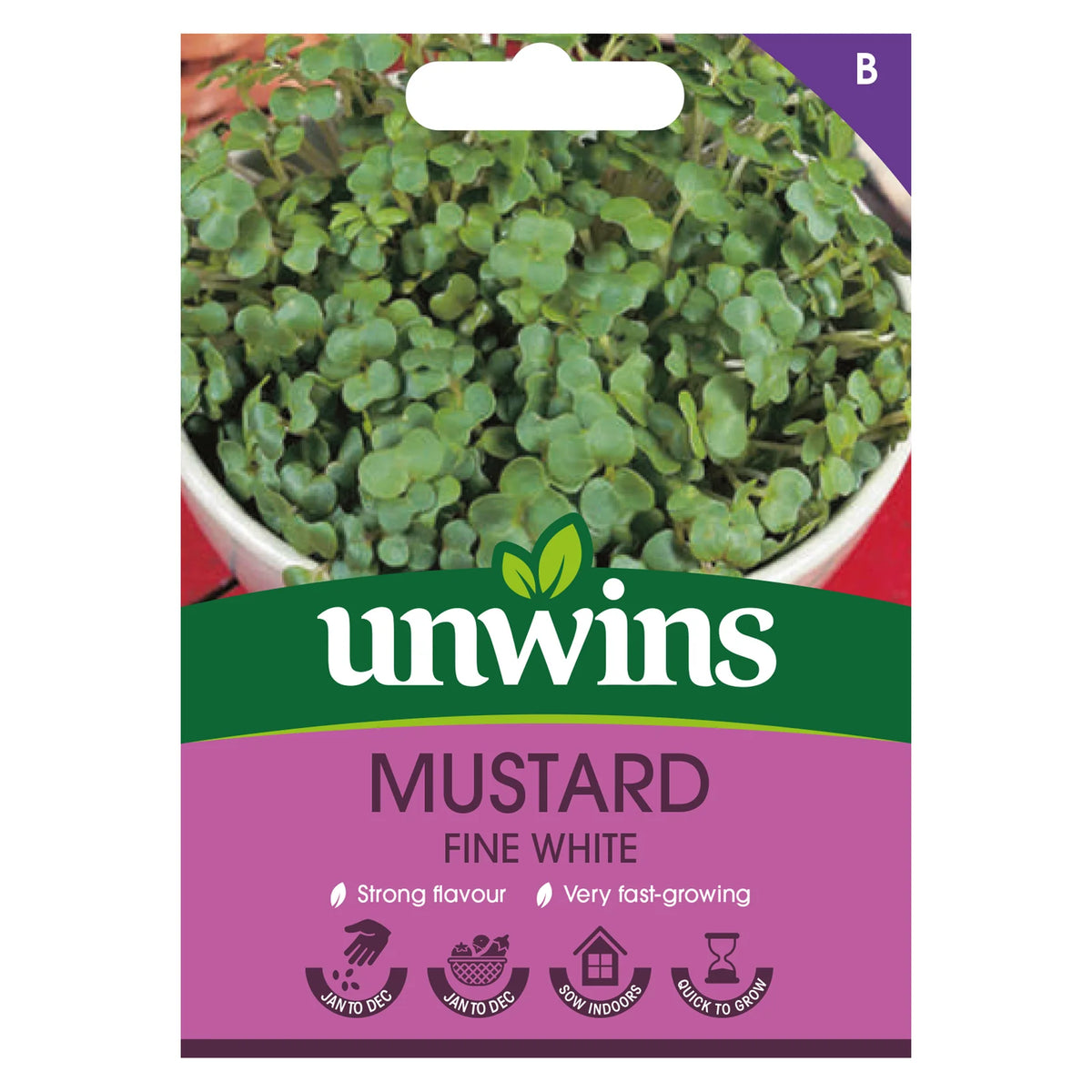 Unwins Herb Mustard Fine White seed packet showing green mustard leaves and growing icons on purple background.