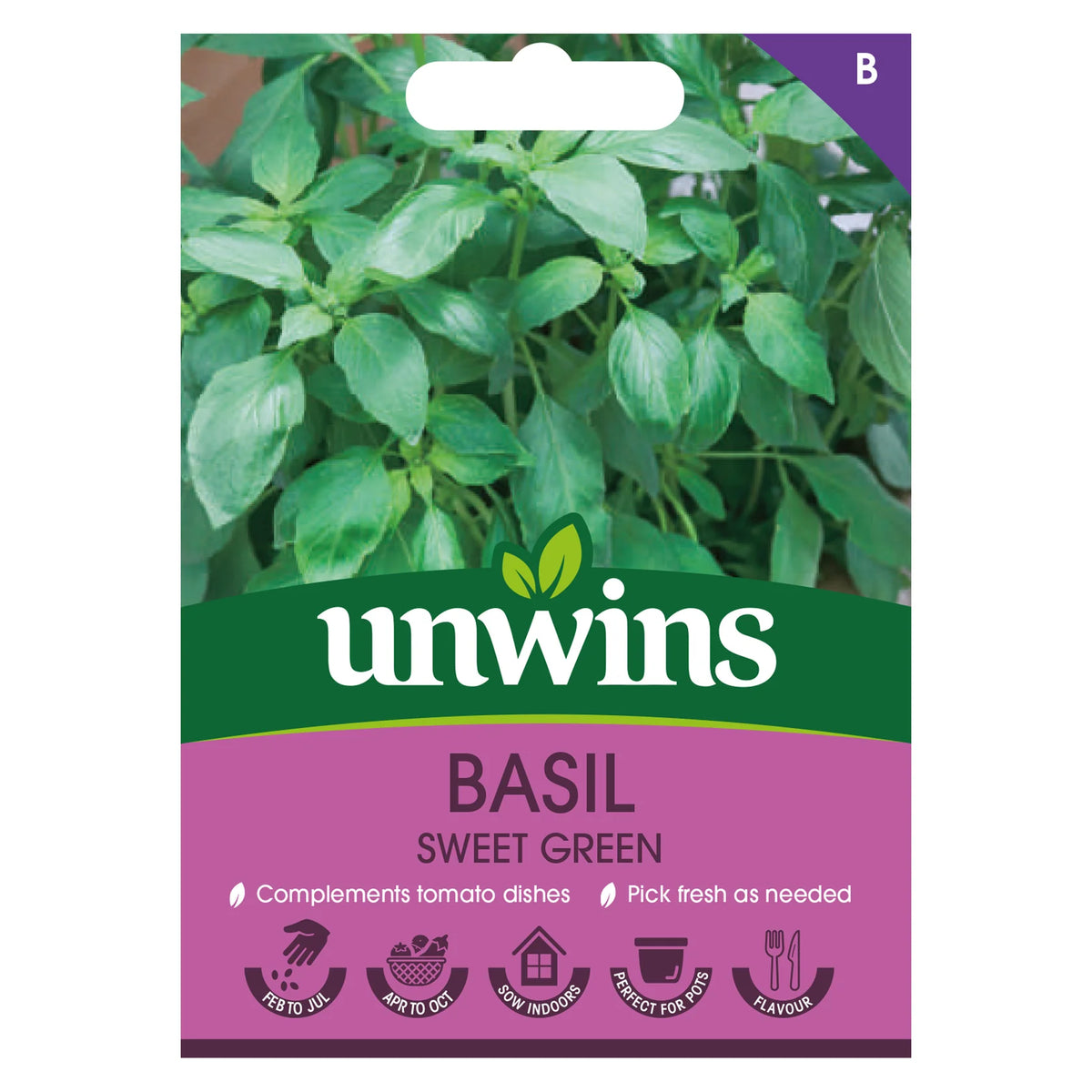 Unwins Basil Sweet Green seed packet showing fresh basil leaves and planting icons on purple background.
