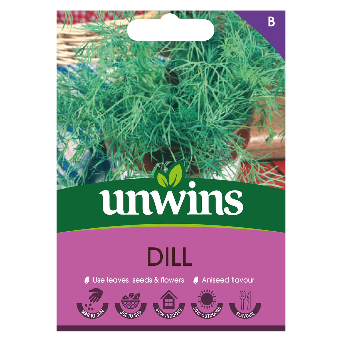 Unwins Dill seed packet showing fresh dill herb and planting icons on purple background