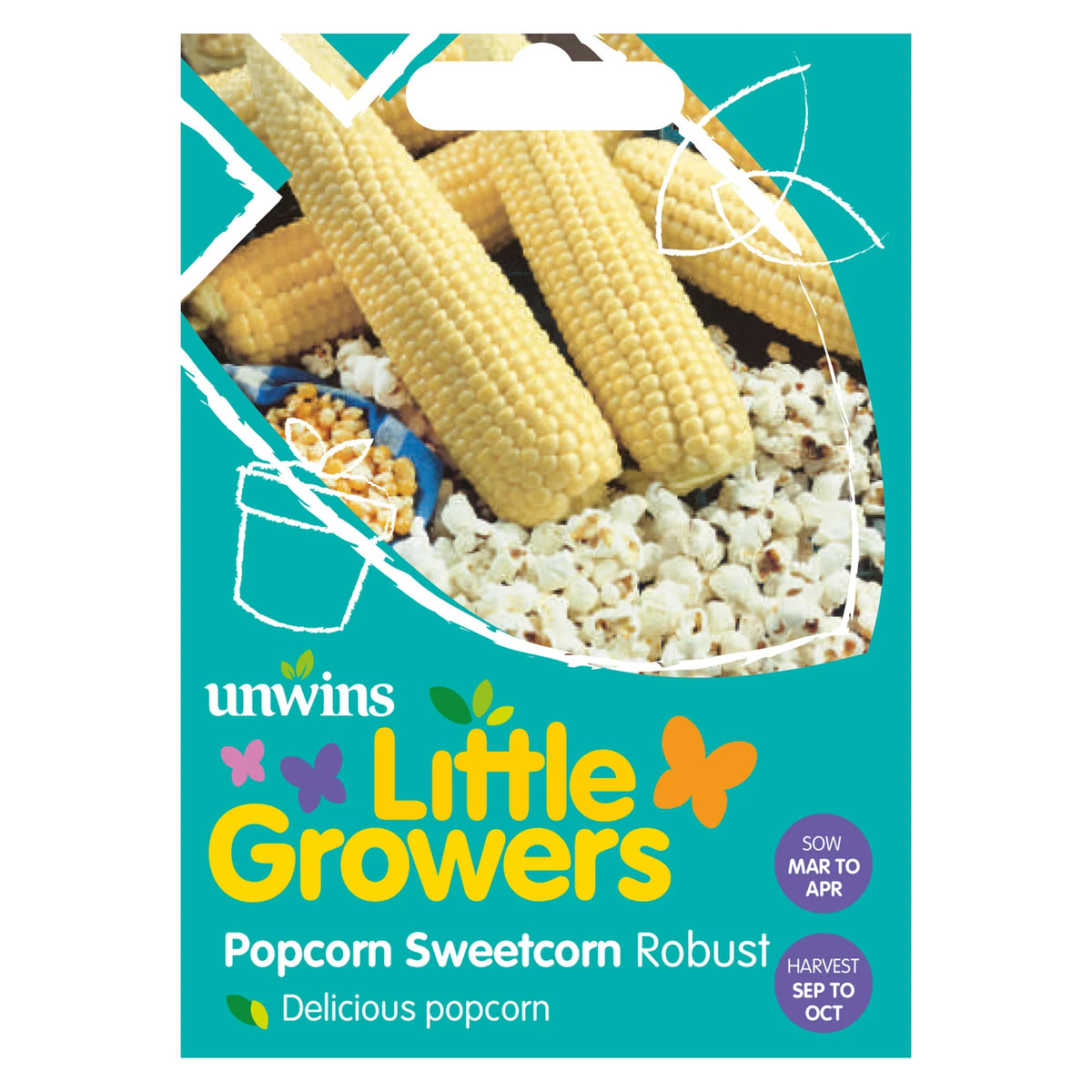 Packet of Little Growers Popcorn Sweetcorn Robust seeds with yellow corn cobs and popped popcorn on front.