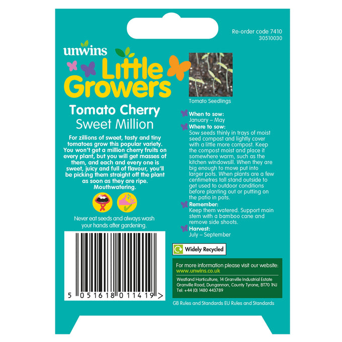 Little Growers Tomato Cherry Sweet Million Seeds pack for home gardening, available at Keans Claremorris.