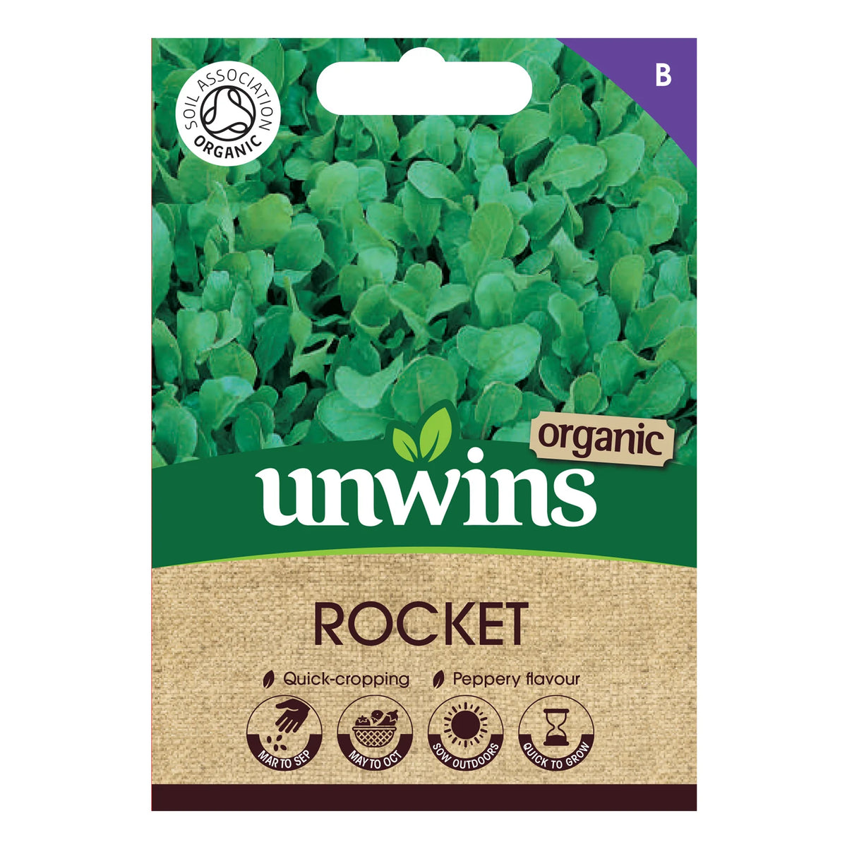 Unwins Organic Rocket seed packet with green rocket leaves and growing icons on a beige background.