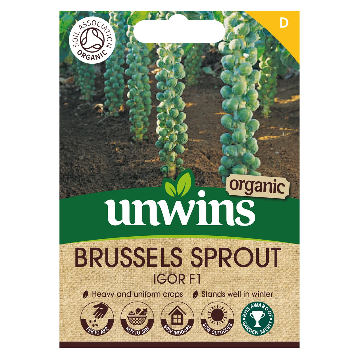Unwins organic Brussels sprout Igor F1 seed packet with sprout stalks and growing icons visible