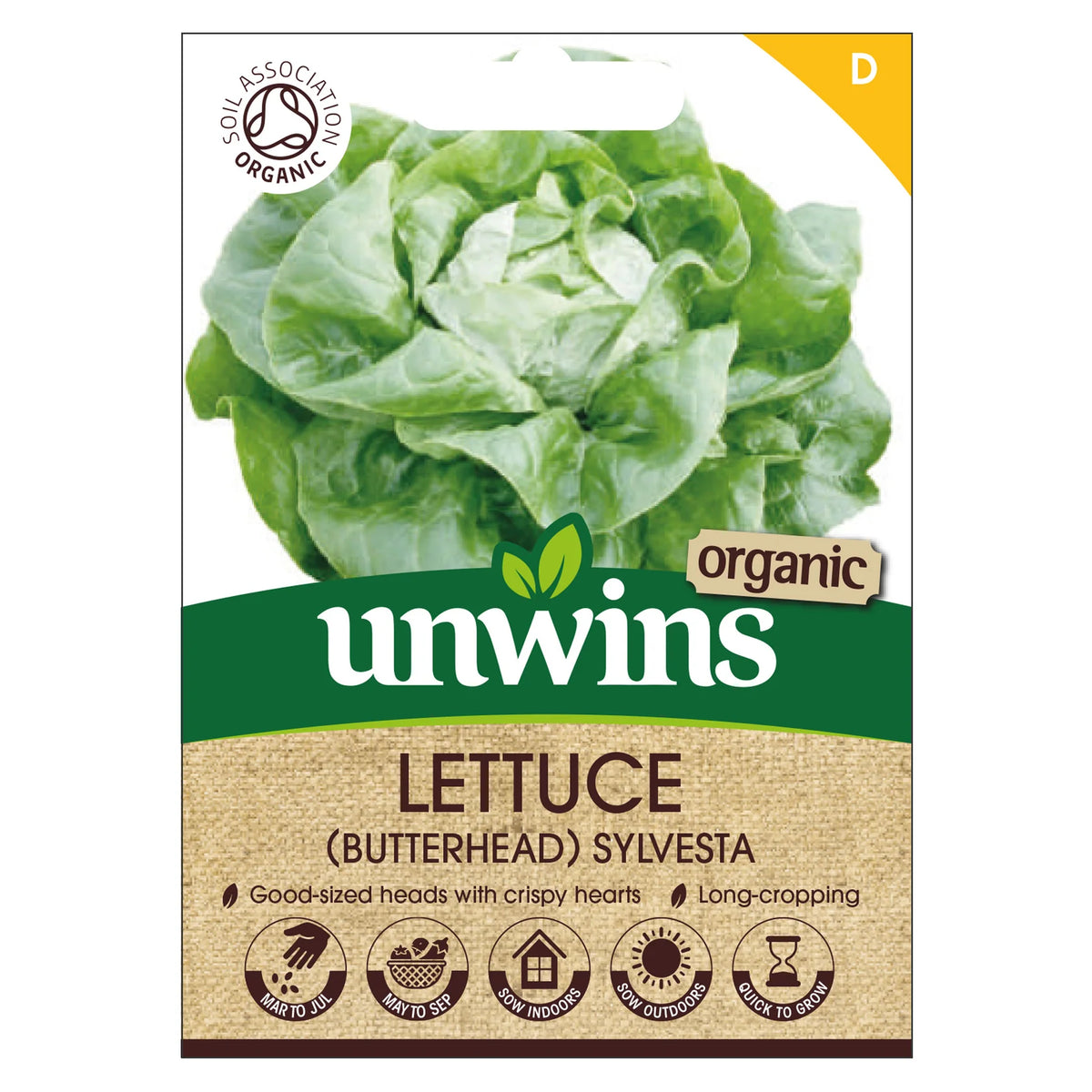 Unwins organic Butterhead Sylvesta lettuce seed packet with green lettuce image and planting icons.