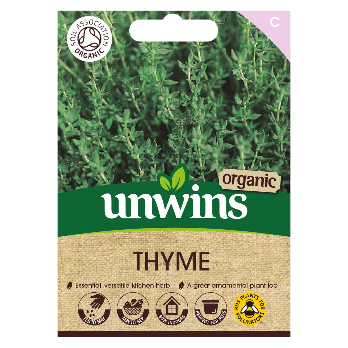 Unwins Organic Thyme seed packet with green thyme plant image and planting icons on burlap background