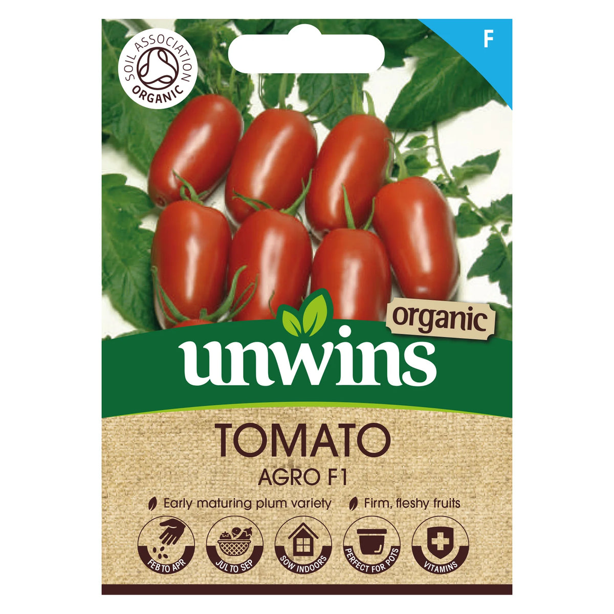 Packet of Unwins Organic Tomato Agro F1 seeds with image of red plum tomatoes and growing icons