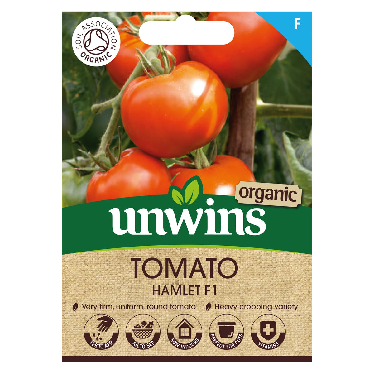 Unwins Organic Tomato Hamlet F1 seed packet with ripe red tomatoes and growing icons on front.
