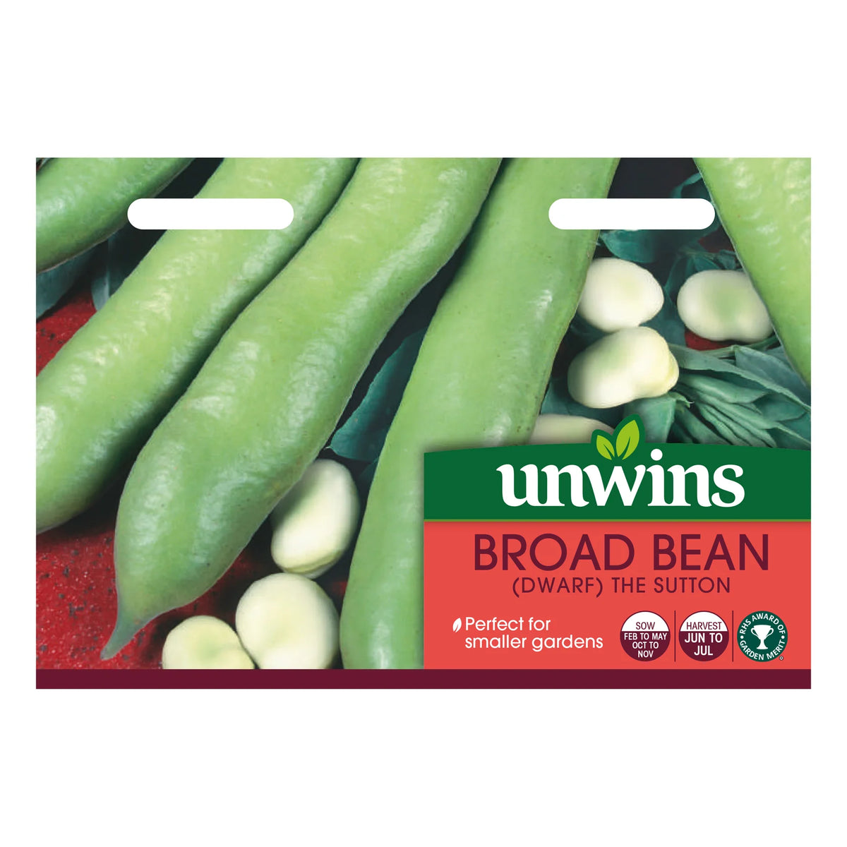 Unwins Broad Bean (Dwarf) The Sutton seed packet showing green pods and white beans on a red background.