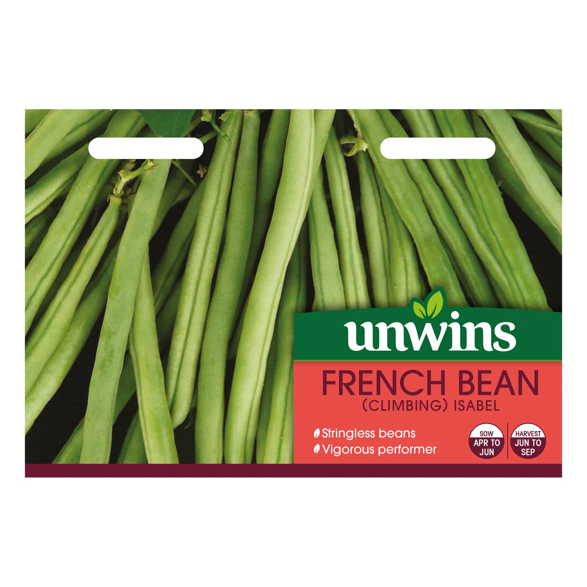 Packet of Unwins French Bean (Climbing) Isabel seeds with image of long green beans and planting info.