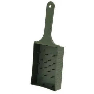 Green plastic spray dish with handle and internal spikes for securing floral foam, 22cm long.